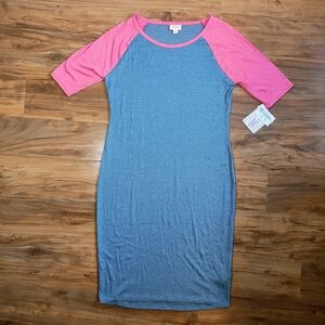 LuLaRoe M Julia Blue and Pink Bodycon Midi Dress